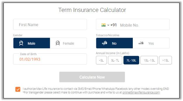 Max Life Insurance Miap Plan Calculator : Term Insurance Premium